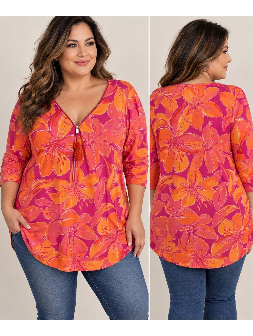 Women’s Belle Kim Gravel Pink And Orange Floral Print Zip V Neck Size 1X